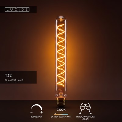 Lucide T32 - Filament lamp - Ø 3,2 cm - LED Dimb. - E27 - 1x4,9W 2200K - Amber